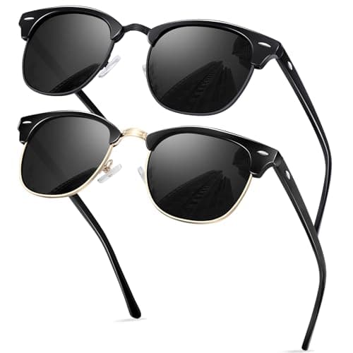 Image of KANASTAL 2 Pairs of Retro Dark Sunglasses Half Frame Polarised UV400 Protection Lightweight Unisex Vintage Style for Men Women Driving Travel - Gold + Glossy Black