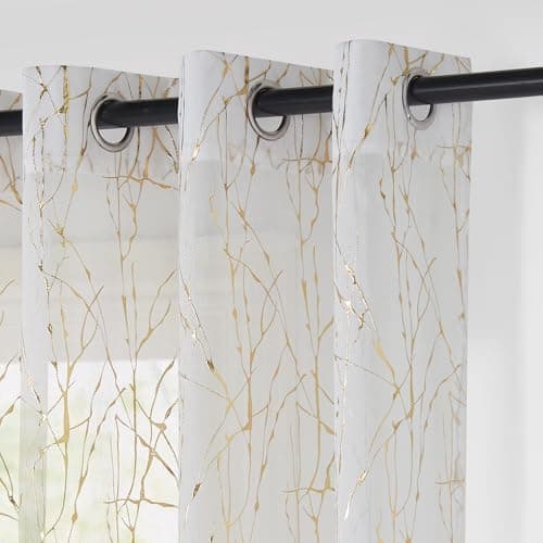 Image of PONY DANCE Linen Look Voile Curtains 72 Drop Pair - 3D Drip-Coating & Gold Foil Window Net Curtains for Living Room/Door, Lightweight Sheer Panels with Elegant Eyelet Top, Set of 2, 52 x 72 Inches