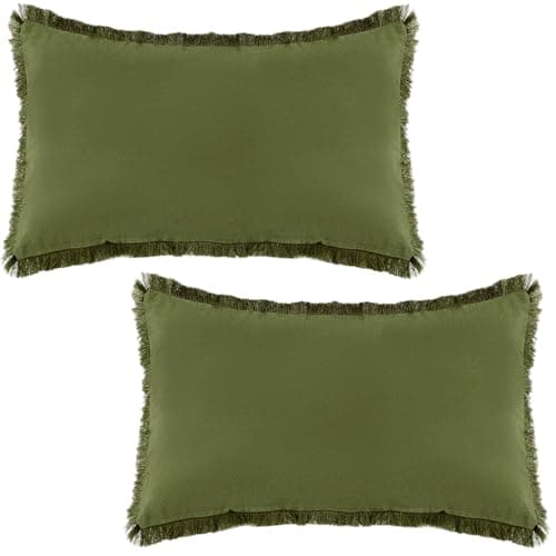 Image of Tennove Cushion Covers 30x50cm Set of 2 Decorative Boho Throw Pillow Case with Fringe Tassels Washed Cotton Linen Soft Farmhouse Pillow Cover for Home Sofa Bed Room, Moss Green