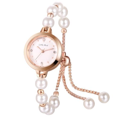 Image of JewelryWe Womens Pearl Bracelet Watch: Ladies Rose Gold Waterproof Quartz Adjustable Casual Cuff Stainless Steel Elegant Round Dial Analog Bangle Watch Mother's Day Jewellery Gift