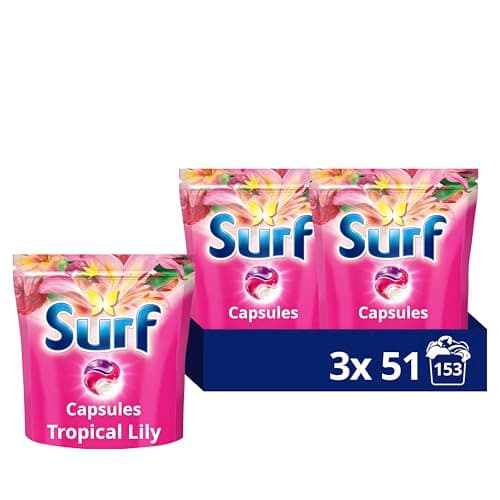 Image of Surf 3 in 1 Tropical Lily Laundry Washing Detergent Capsules joy-infused fragrance with natural essential oils lasting up to 12 hours in wear for brilliantly clean results 153 washes (3x 51)