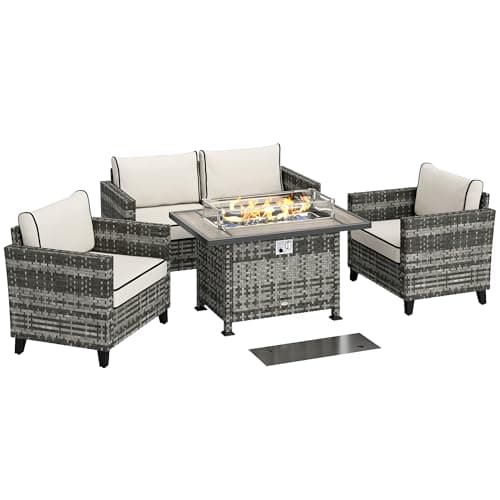 Image of Outsunny 5 Pieces PE Rattan Garden Furniture Set with Gas Fire Pit Table, Loveseat Sofa, Armchairs, Patio Sofa Set with Cushions, Pillows, for Poolside, Grey