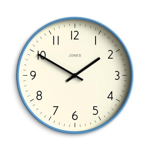 Image of Jones Clocks® Studio wall clock | Modern round style | 30cm | Mid blue | Easy to read numbers | Versatile design for kitchen, living room or office
