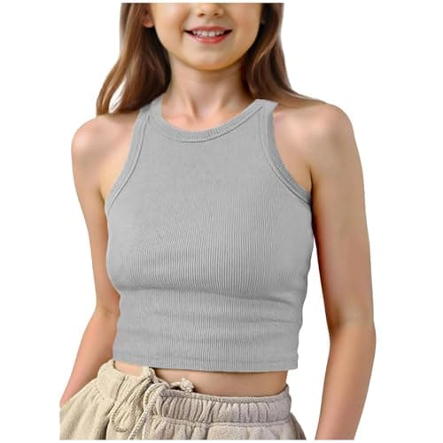 Image of Girls Vests Ribbed Crop Kids Top Ribbed Knit Sleeveless Round Neck Sleeveless Basic Cropped Top Plain Stretchy Sports Vest Breathable Tanks Girls Undershirts Summer Children (a-Grey, 9-10 Years)