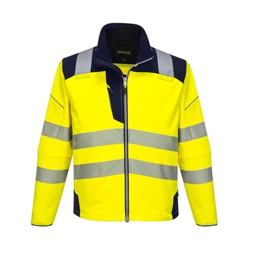 Image of Portwest T402 Men's PW3 Hi Vis Safety Jacket - Windproof Water Resistant High Visibility Reflective Softshell Jacket Yellow/Navy, X-Large