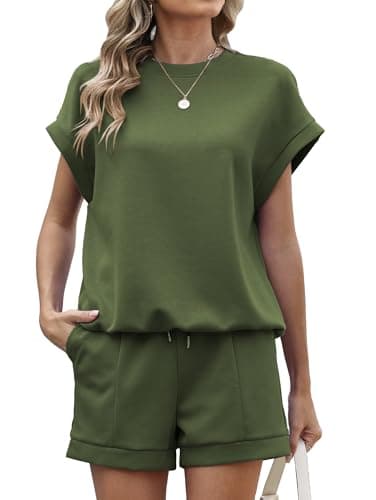 Image of Famulily Track Suit Set for Women UK Short Sleeve Co Ord Sets Summer Crew Neck Tops and Elastic Short Pants Army Green L