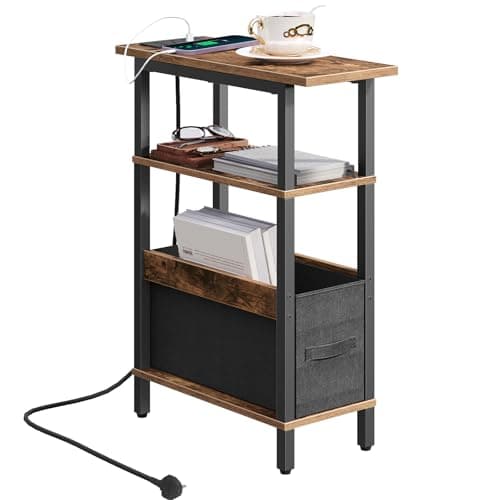 Image of MAHANCRIS Narrow Side Table with Charging Station, 3 Tier Small End Table for Small Spaces, Slim Side Shelf with Storage, for Living Room, Bedroom, Rustic Brown AETHR125KE01