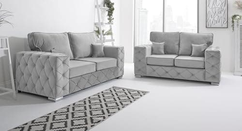 Image of Sofahub Milton Silver Plush Velvet Sofa - Button Tufted Design, Foam Cushion Seats & Chrome Feet | 2 Seater Sofa - Living Room Sofa Set - Solid Wood Frame - Fullback Sofa (Silver, 2 Seater)