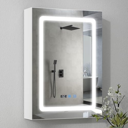 Image of ARTETHYS Bathroom Mirror Cabinets, 70x50cm Bathroom Wall Cabinets with 3 Color LED Lights and Charging Station, Mirrored Bathroom Cabinet with Demister, Shaver Socket, Adjustable Shelves