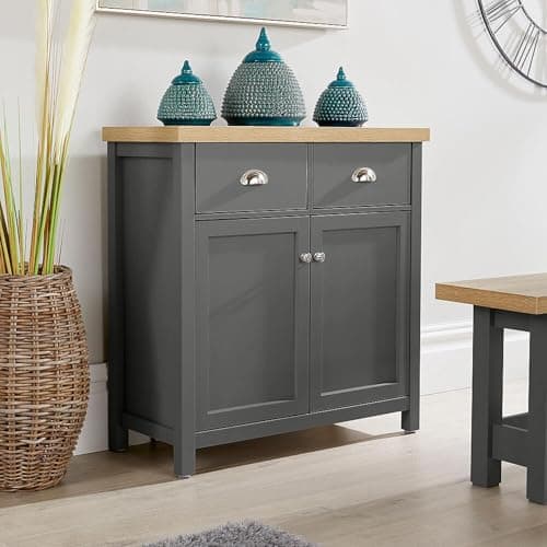Image of Home Source 2 Door 2 Drawer Sideboard Storage Cupboard, Shelf, Metal Handles, Oak Effect, Dark Grey
