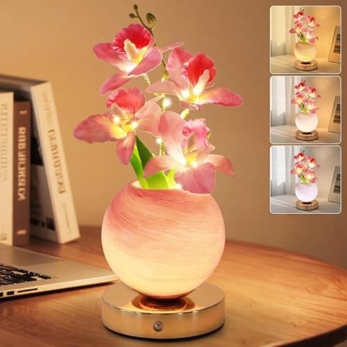 Image of Wekity Orchid Flower Lamps, 3 Colors Dimmable Planet Night Light, Rechargeable Cordless Orchid Small Table Lamp for Date Party Home Decoration (Pink Orchid)