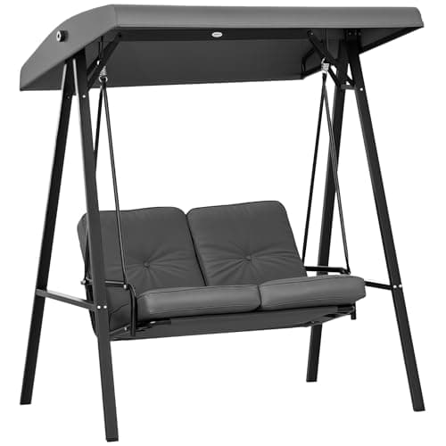 Image of Outsunny 2 Seater Garden Swing Chair with Adjustable Tilting Canopy, Outdoor Hammock Bench with Steel Frame for Patio, Grey