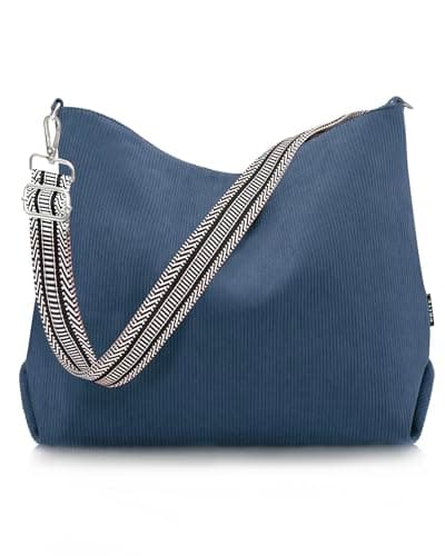 Image of Prite Corduroy Tote Bag for Women with Zipper Large Capacity Shoulder Bags with Adjustable Strap and Pockets Waterproof Handbag for Work School Shopping Travel College (Blue)