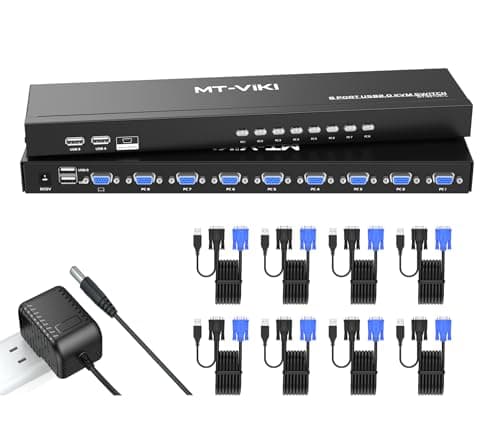Image of MT-VIKI 8 Port KVM VGA Switch, Rack Mount KVM Switch 8x1, Included 8 VGA KVM Cable+ Wire-Desktop Controller+ Rack Ears
