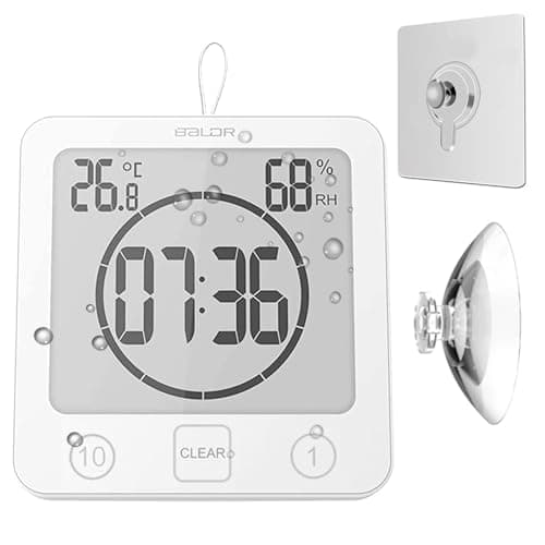 Image of Waterproof Bathroom Wall Clock Shower Timer, Digital Large Visual Countdown Alarm Clock with Temperature Humidity, Mirror Suction & Rope Hanging & Stand, Easy Table Timer for Bath Kitchen Spa (White)