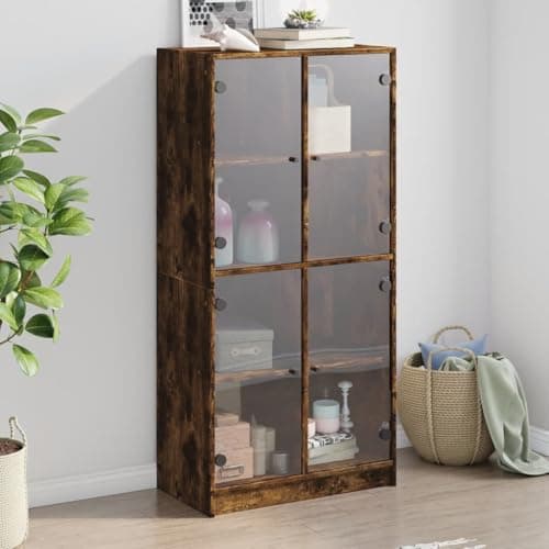 Image of SooIarix Highboard with Doors Smoked Oak Wood Material Robust 68 x 37 x 142 cm with 8 Compartments and Black Handle for Living Room and Storage Solution