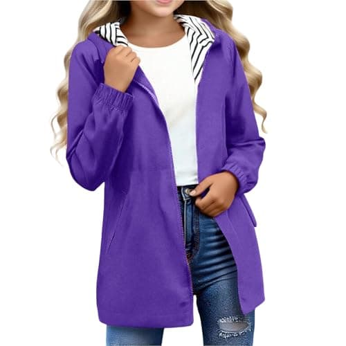 Image of duxyoz Boys Girls Rain Jacket - Waterproof Lightweight Raincoat for Kids,Packable,Water-Resistant,Windproof,Hooded,Long Raincoats Windbreaker Trench Coat Purple 15-16 Years