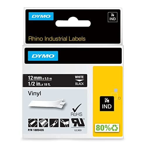 Image of DYMO Rhino Industrial Vinyl Labels | 12 mm x 5.5 m | White Print on Black | Self-Adhesive | for LabelManager & Rhino Label Makers