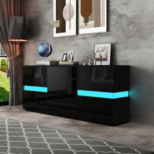 Image of Modern High Gloss Sideboard for Living Room Cabinet Display with LED Lights 2 Doors 4 Drawers Home Furniture (Black)