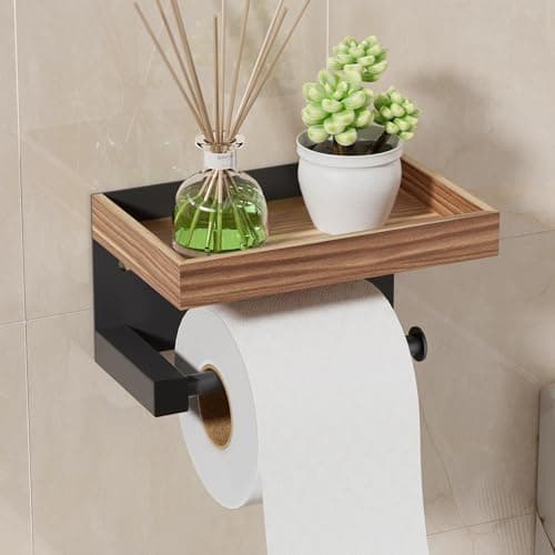 Image of Toilet Roll Holder Wall Mounted - SWTYMIKI No Drill Self Adhesive Toilet Paper Holder with Wood Shelf for Storage, Rustproof Washroom Tissue Roll Holder Dispenser for Bathroom and Kitchen, Brown