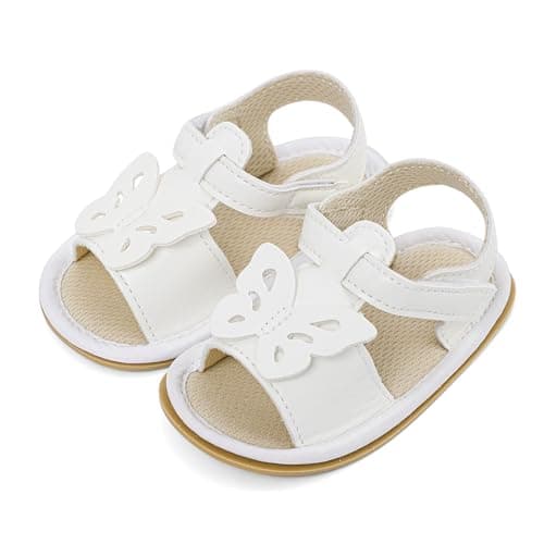 Image of LACOFIA Baby Girls Sandals Infant Breathable Summer Sandals First Walking Shoes with Anti-Slip Soft Sole White Butterfly 12-18 Months