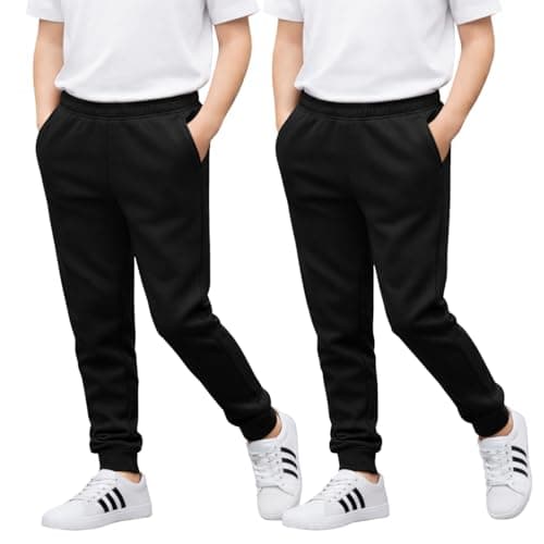 Image of Joggers for Boys & Girls – Jogging Bottoms with Elastic Waistband & Cuffed Ankle, PE & School Trousers for Kids – Comfortable & Breathable Unisex Tracksuit Sweatpants – Black, 2 Pack (11-12 Yrs)