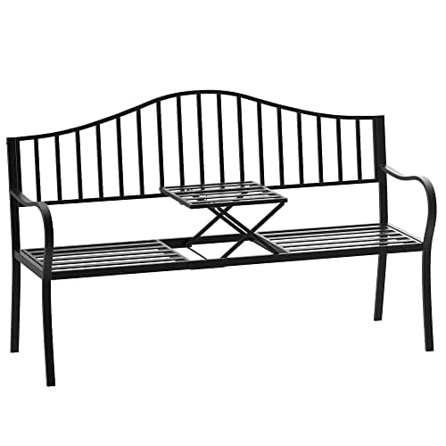 Image of Outsunny Outdoor Metal Frame 2 Seater Bench Patio Park Garden Seating Chair with Foldable Middle Table