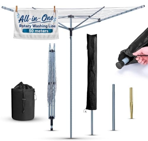 Image of Heavy Duty Rotary Washing Line Outdoor, 4 Arm 50M Washing Line Rotary with Peg Bag, Metal Ground Spike, and Cover Included, Rotary Clothes Lines for Outside, Whirlygig Clothes Airer Outdoor