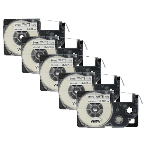 Image of vhbw 5X Label Tape Replacement for Casio XR-9WE, XR-9WE1 for Label Printer 8m x 9 mm, Black on White