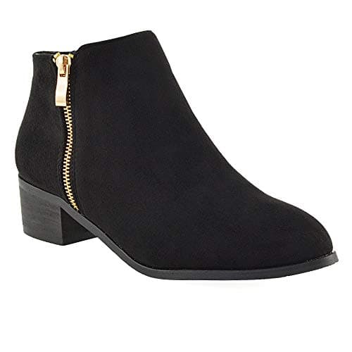 Image of Womens Ladies Low Heel Block Cowboy Style Ladies Gold Zip Western Ankle Boots (Black Faux Suede) (5 UK)