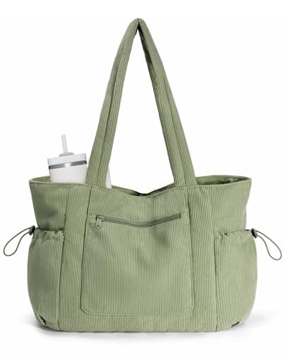 Image of ECOHUB Large Corduroy Tote Bag, Recycled Handbags for Women with Cup Holder, Work Tote Bag with 15.6" Laptop Compartment, Shoulder Bags for School Shopping Travel Daily Use (Sage Green)