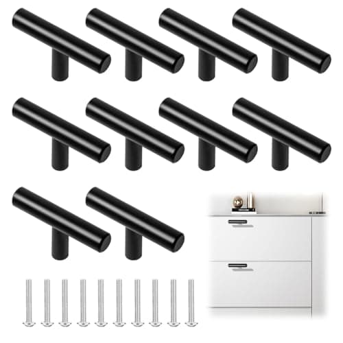 Image of 10 Pieces Single Hole T Bars Handles, 50mm T Bar Pulls with Screws, Black Stainless Steel T Bar Knobs, Single Hole Kitchen Door Handles for Drawers, Cupboard, Doors, Wardrobes, Furniture, Hardware