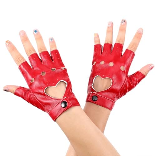 Image of Red Half Finger Leather Gloves, Stylish Red Fingerless Biker Punk Gloves PU Leather Dance Glove Heart Cutout Punk Half Finger Driving Glove for Halloween Costume Dress Up, Cosplay, Performance