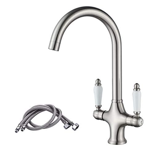 Image of NewEast Kitchen Taps,Dual Lever Brushed Nickel Kitchen Mixer Sink Tap with 360 Degree Swivel Spout and Flexi Hoses
