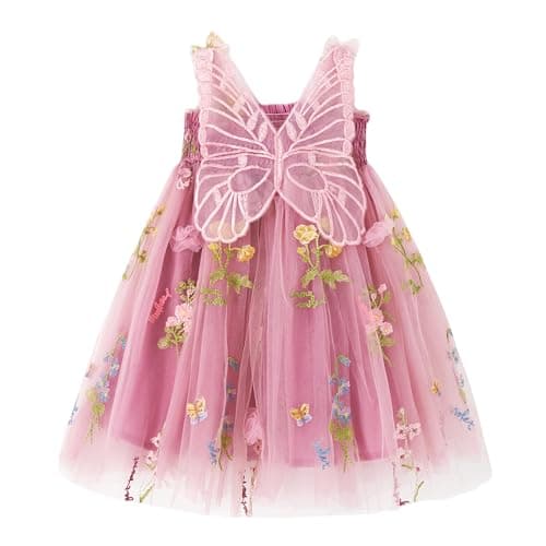 Image of Miipat Baby Girl Dress Tulle Butterfly Toddler Girls Sleeveless Embroidery Floral Princess Dresses Wedding Party Birthday Dress for Girl DarkPink 130 5-6 Years
