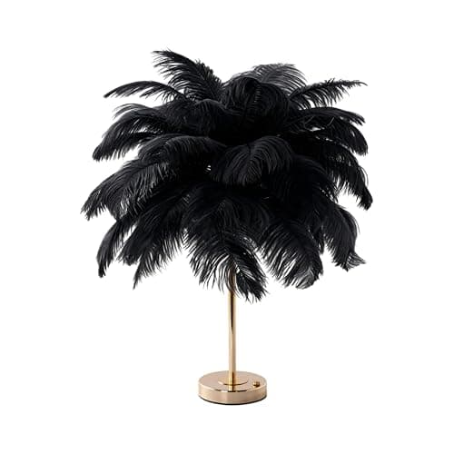 Image of Creative Black Ostrich Feather Table Lamp Bedside Lamp Light Luxury and Elegant Lampshade Night Light Table Lighting for Living Room Bedroom Home Decoration, Plug-in