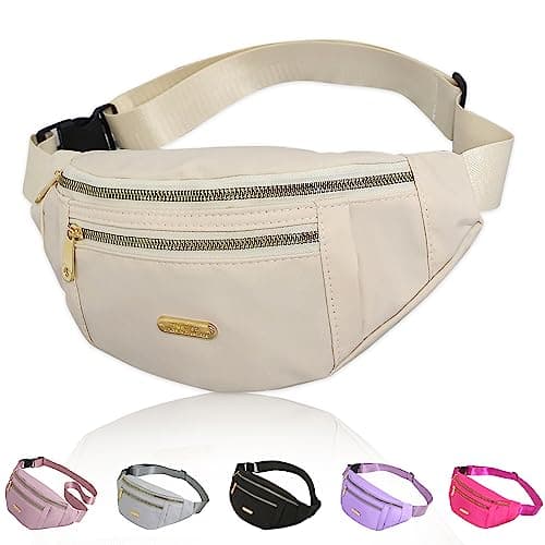 Image of Yoolly Bum Bag for Women Men, Fashion Fanny Pack with 3 Zipper Pockets & Adjustable Strap, Lightweight Waist Bags for Travel, Running, Cycling, Hiking (Beige)