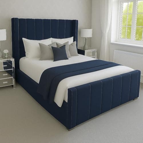 Image of Attock Beds Plush Velvet Wing Panel Bed Frame with Optional Mattress & Ottoman Gas Lift Storage – Luxury Handmade Bed (Navy Blue Plush, Small Double 4ft Bed Frame)