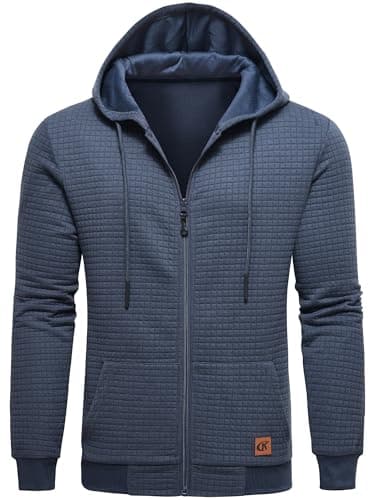 Image of Tyhengta Mens Jacket with Hood Sweatshirt Pullover Full Zip Hoodie Casual Hooded Jacket Outwear Workout Hoodies Grey Blue, XL