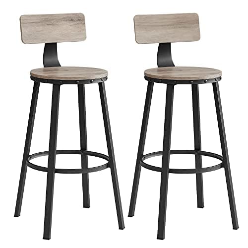 Image of VASAGLE Bar Stools Set of 2, Kitchen Breakfast Bar Chairs, with Backrest, Steel Frame, 73 cm Tall Seat, Easy Assembly, Industrial Style, Greige and Black LBC026B02