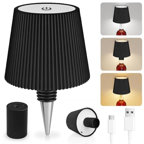 Image of Wireless Bottle Lamp, Wireless Bottle Lampshade, LED Touch Control USB-C Rechargeable Bottle Lights, 3 Color Stepless Dimming Wine Bottle Lights, for Bedroom, Restaurant, Terrace, Party, Bar (Black)