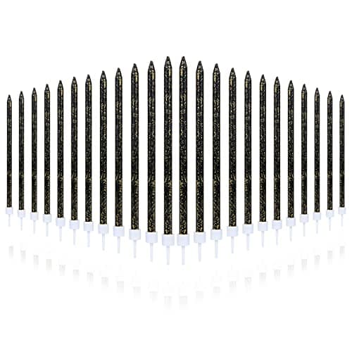 Image of URAQT Birthday Candles, 24 Pcs Metallic Birthday Cake Candles in Holders, 5.1 inch Long Thin Golden Candles Cupcake Candles for Birthday Wedding Baby Shower Party Decoration (Black Glitter)