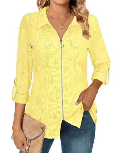 Image of Flikity Womens Tops and Blouses 3/4 Roll Sleeve Zipper V Neck Collared Spring Shirts for Women Business Casual Blouse for Office Work Professional Fashion 2025 Light Yellow M