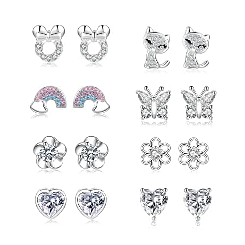 Image of 925 Sterling Silver Earrings,8 Pair Silver Studs Earrings for Women Hypoallergenic Kids Earring Sterling Silver Stud Earring for Teenage Girls Ages 3-18 Childrens Cubic Zirconia Stud Set