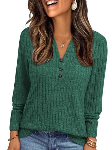 Image of Famulily Ladies V Neck Jumpers UK Lightweight Button Detail Tunic Casual Long Sleeve Henley Tops Loose Fit Green L