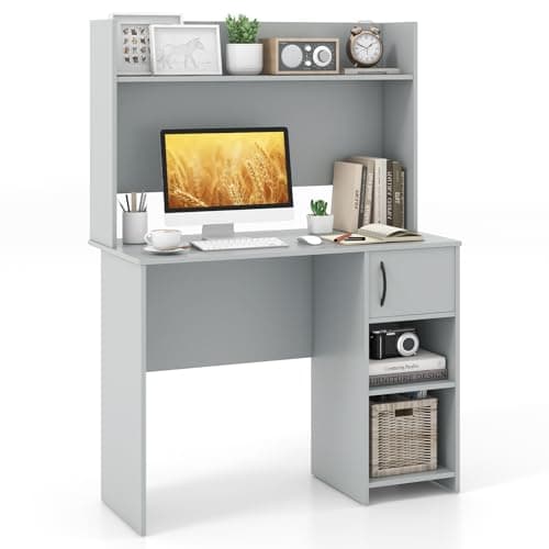 Image of CASART Computer Desk with Hutch, Wooden Writing Desk with Storage Shelf, Cabinet & Cable Management, Home office PC Desk Computer Workstation for Bedroom Study Living Room