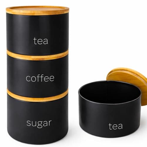 Image of SAFRI 3 Pieces Jar with Wooden Lid Tea Coffee Sugar Canister Storage Container Bowl Pots Kitchen Storage Tins (Black)