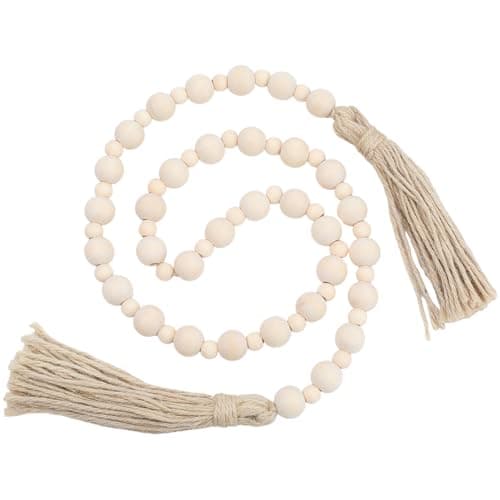 Image of CREATCABIN Apricot Farmhouse Beads with Tassels Wood Bead Garland Wood Pearls Garland Handmade Beaded Garland Wall Hanging Home Decor Living Room Mantel Wall Vintage Interior Themes 41.73 Inch