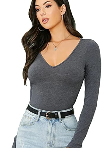 Image of Women's Ladies Long Sleeve V Neck Basic Top Jersey Plain Stretchy Slim Fit Casual Wear T-Shirt Tee Tops 12-14 Charcoal