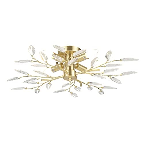 Image of Happy Homewares Modern Brushed Gold Plated Branch Ceiling Light Fitting with Clear Acrylic Leaves | 15cm x 60cm | 4 x E14 Candle Bulbs